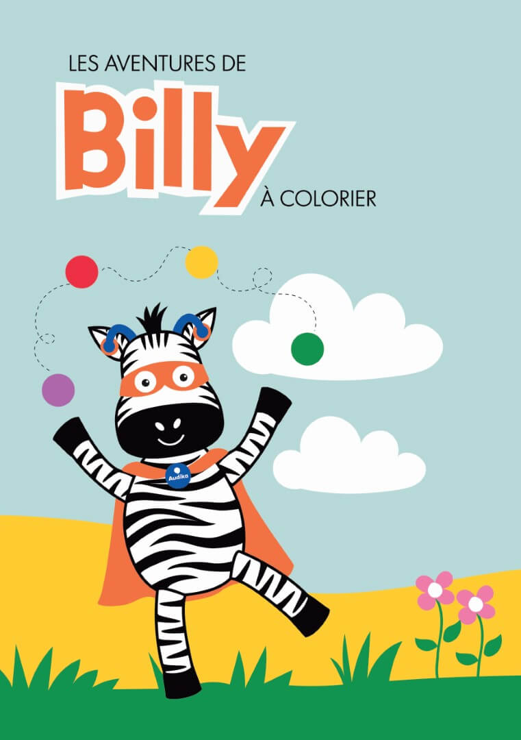 Les Aventures de Billy à colorier, a children's coloring book featuring a cartoon superhero zebra character named Billy