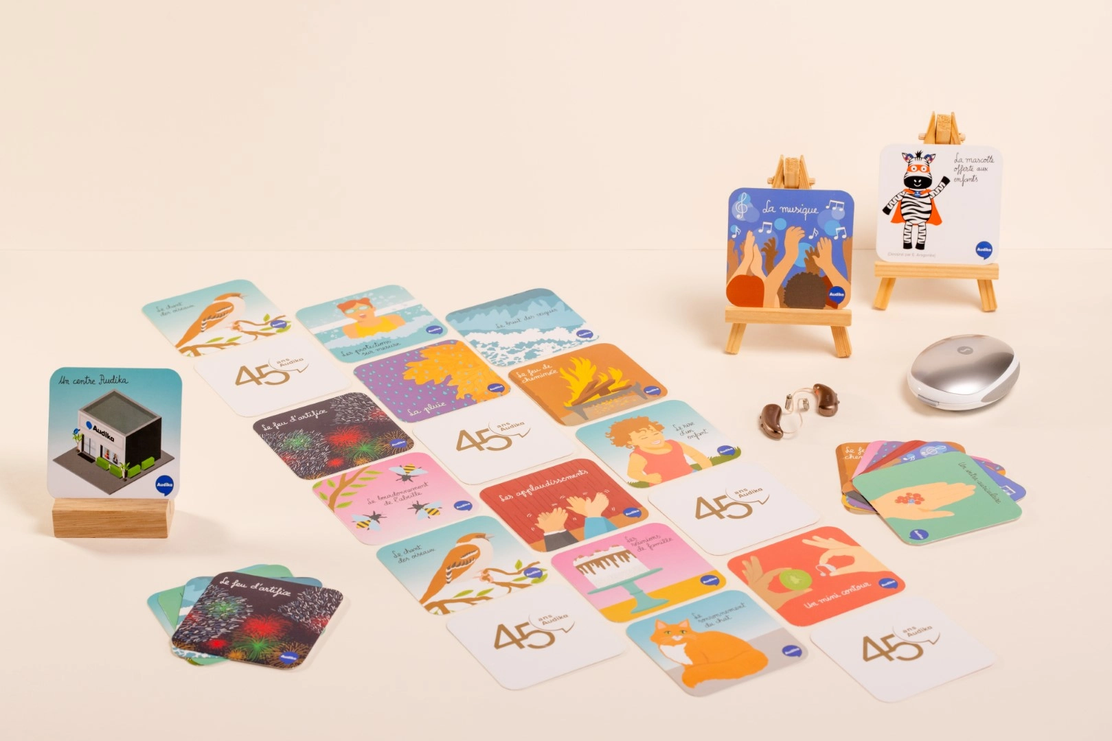Jeu de mémory réalisé pour AUDIKA (pour les 45 ans de la marque) autour des sons de la vie.