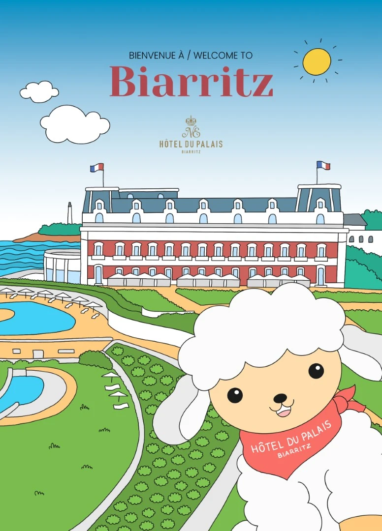 Illustration promotionnelle mettant en vedette l'emblématique Hôtel du Palais à Biarritz, en France