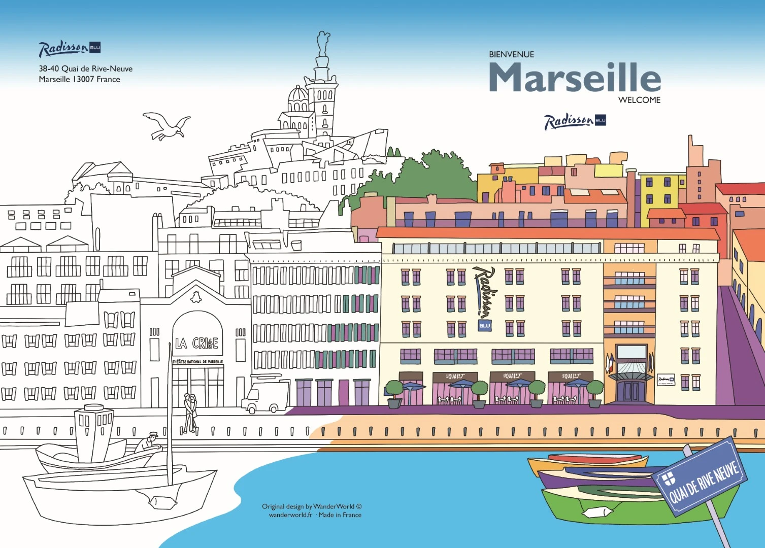Illustration et impression partiellement coloriée pour l'hôtel Radisson Blu, Marseille Vieux Port