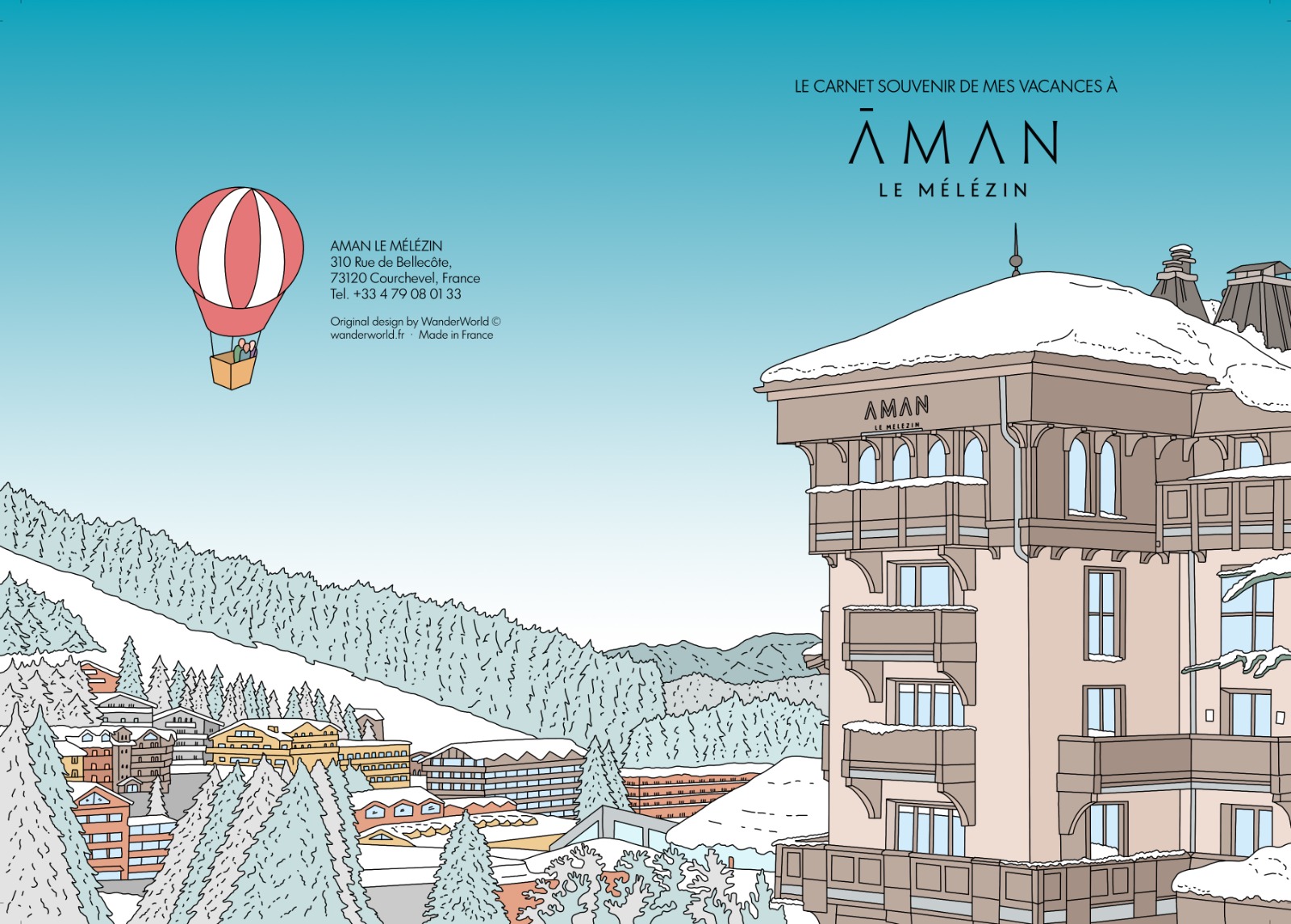 Le livre souvenir illustré de l'hôtel de luxe Aman Le Mélézin à Courchevel, en France, a été conçu par WanderWorld.