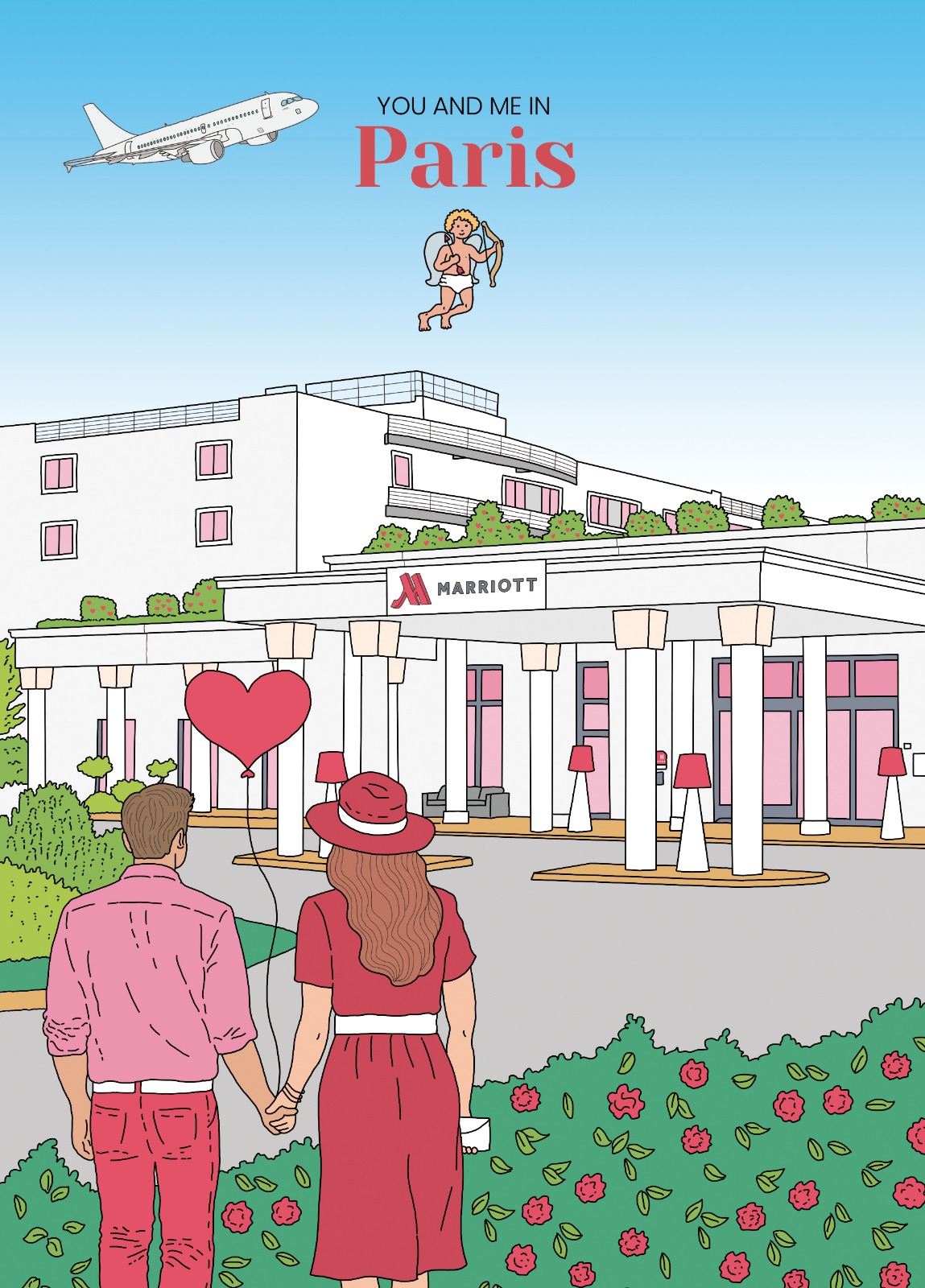 L'illustration est une œuvre d'art de marque représentant l'hôtel Paris Marriott de l'aéroport Charles de Gaulle.