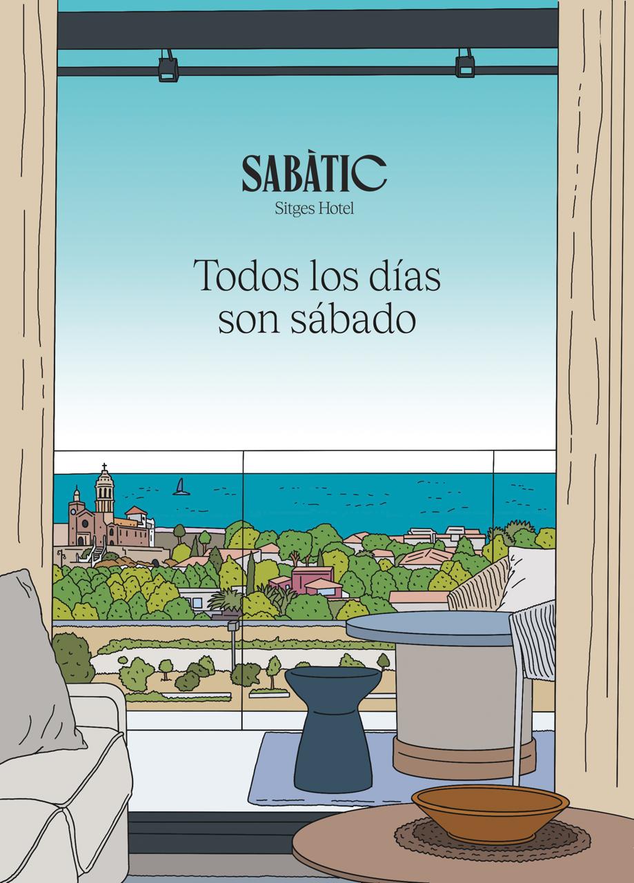 Illustration pour l'hôtel Sabàtic Sitges en Espagne, représentant un balcon donnant sur la mer.